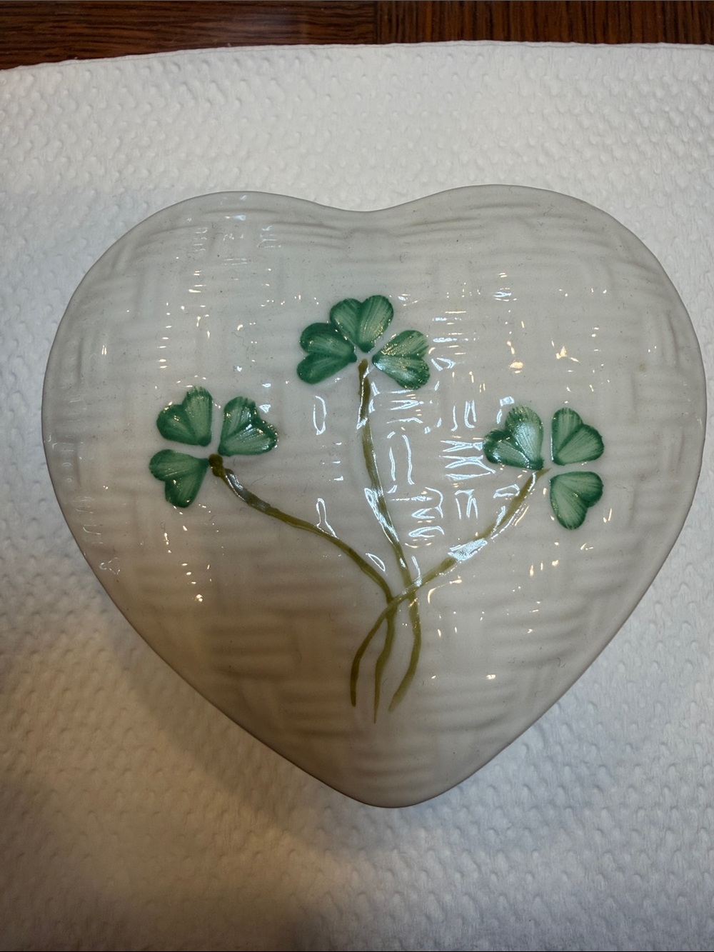 Belleek White Heart Ceramic Dish with Green Clover Design